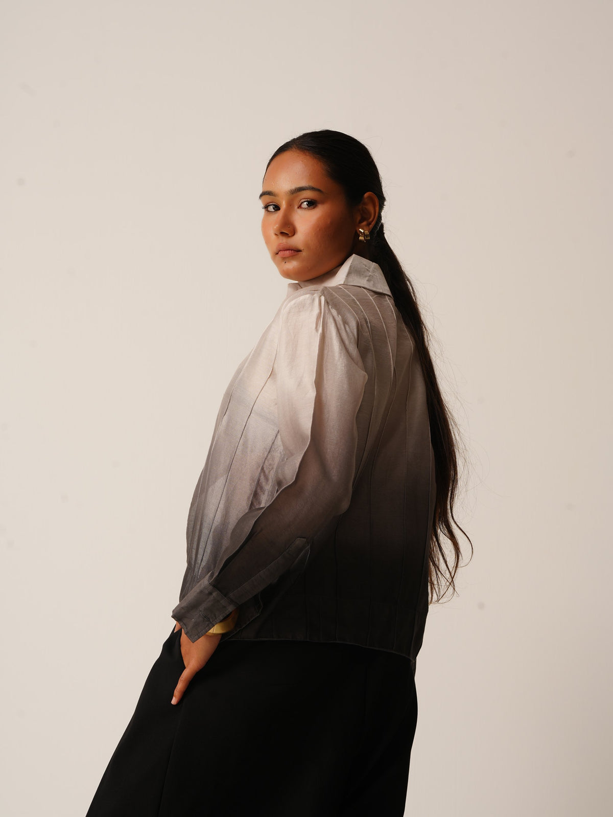 Syllable 04, ombre hand-dyed pintuck shirt