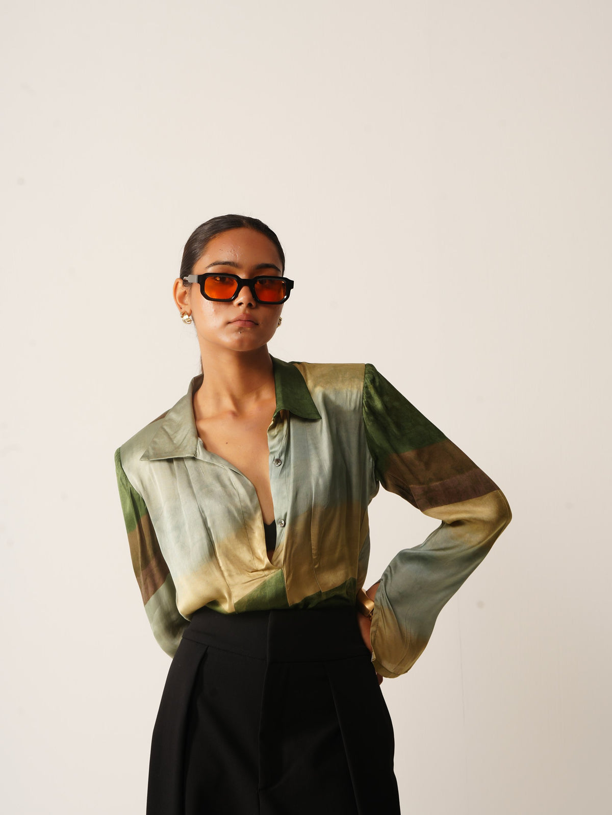 Syllable 05, abstract print power-shoulder shirt