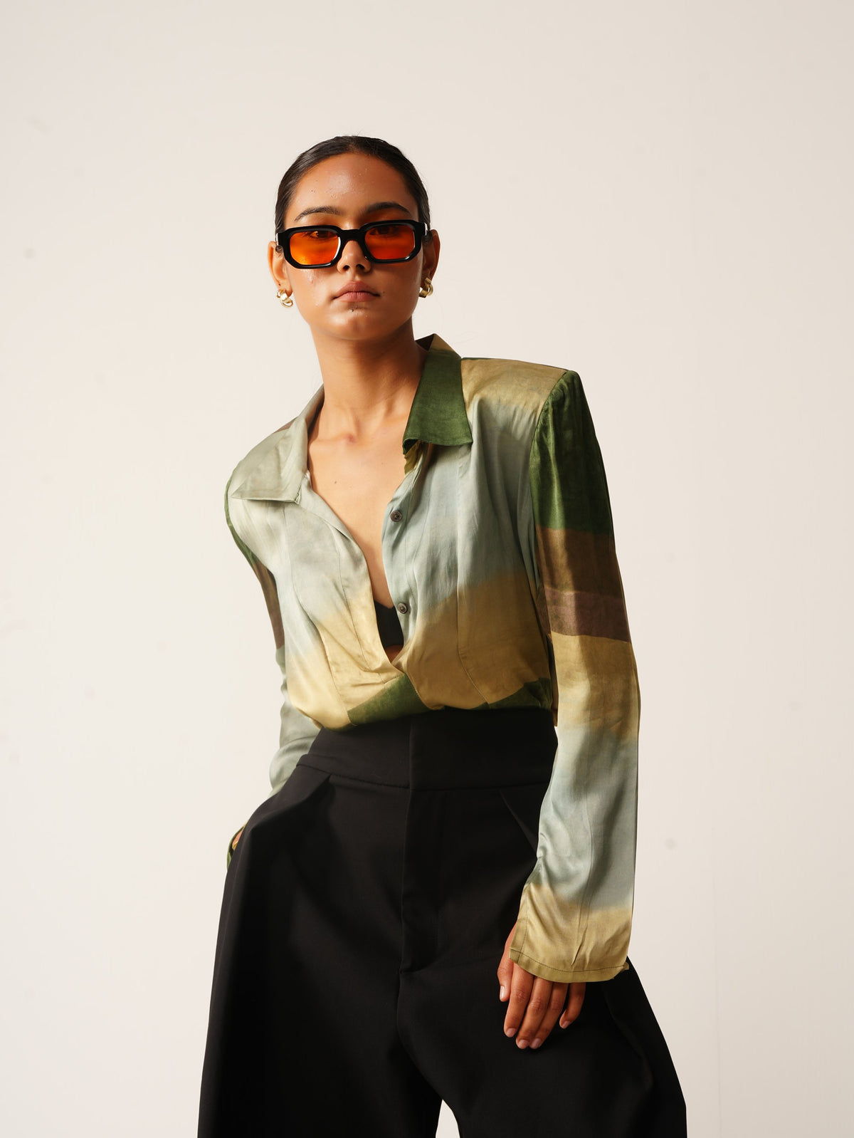 Syllable 05, abstract print power-shoulder shirt