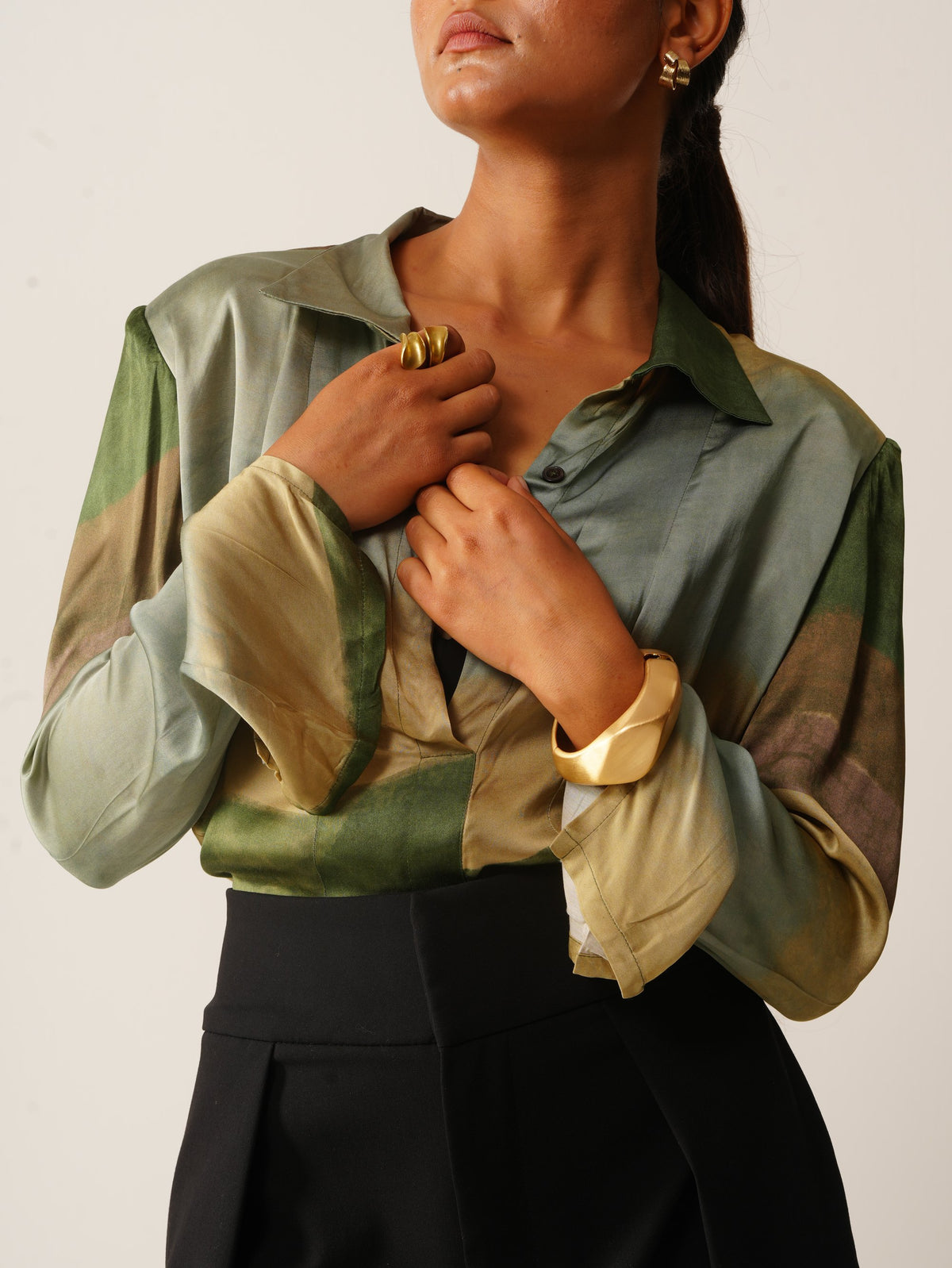 Syllable 05, abstract print power-shoulder shirt
