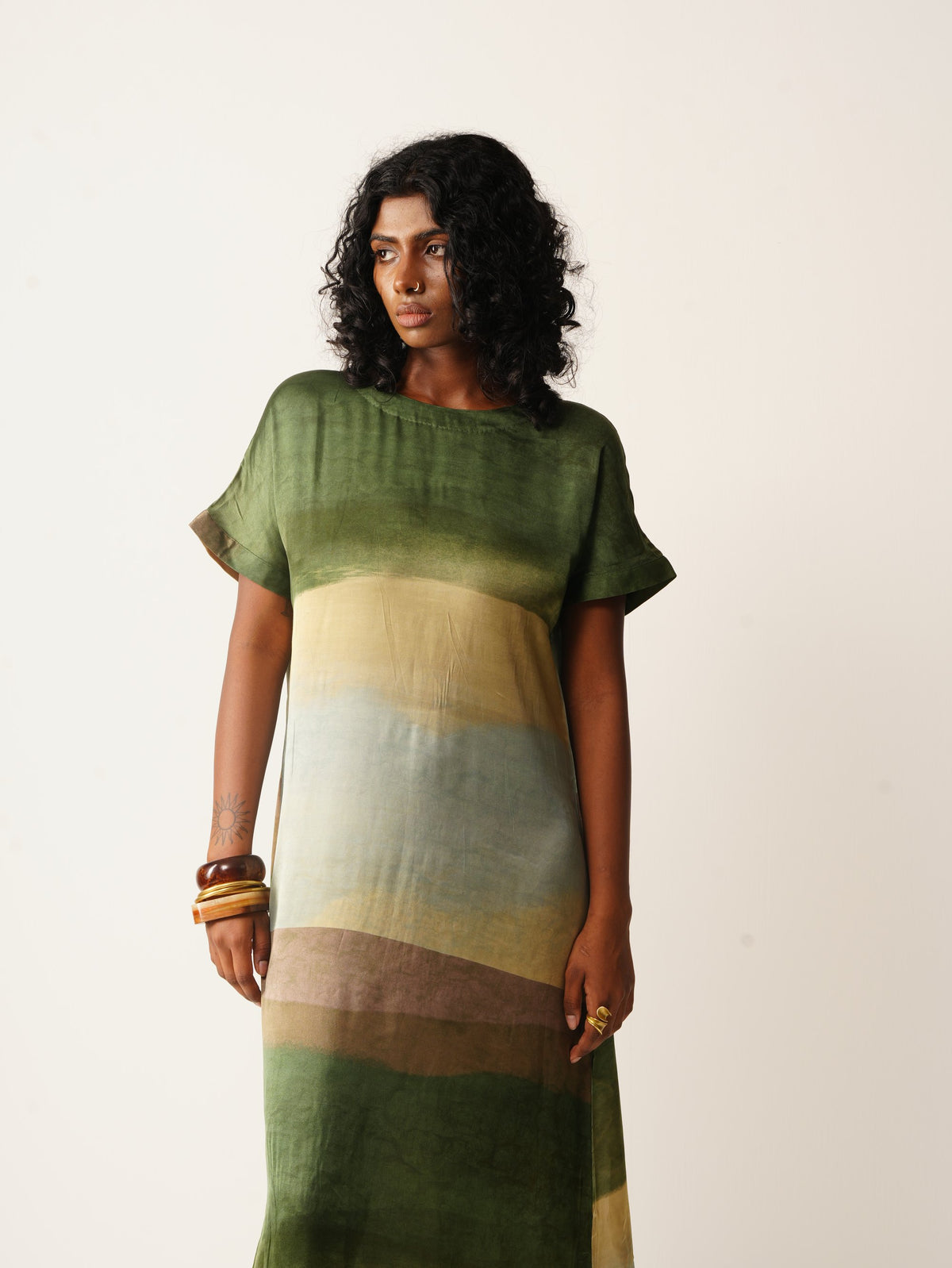 Syllable 06, abstract print satin dress
