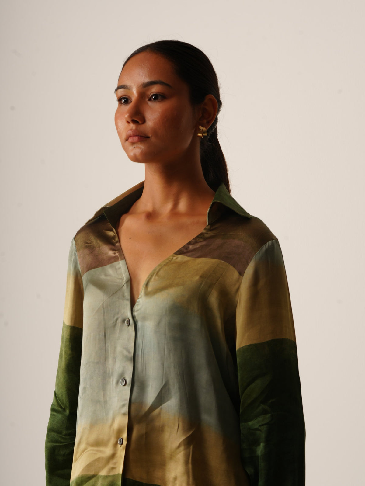 Syllable 09, abstract print satin shirt