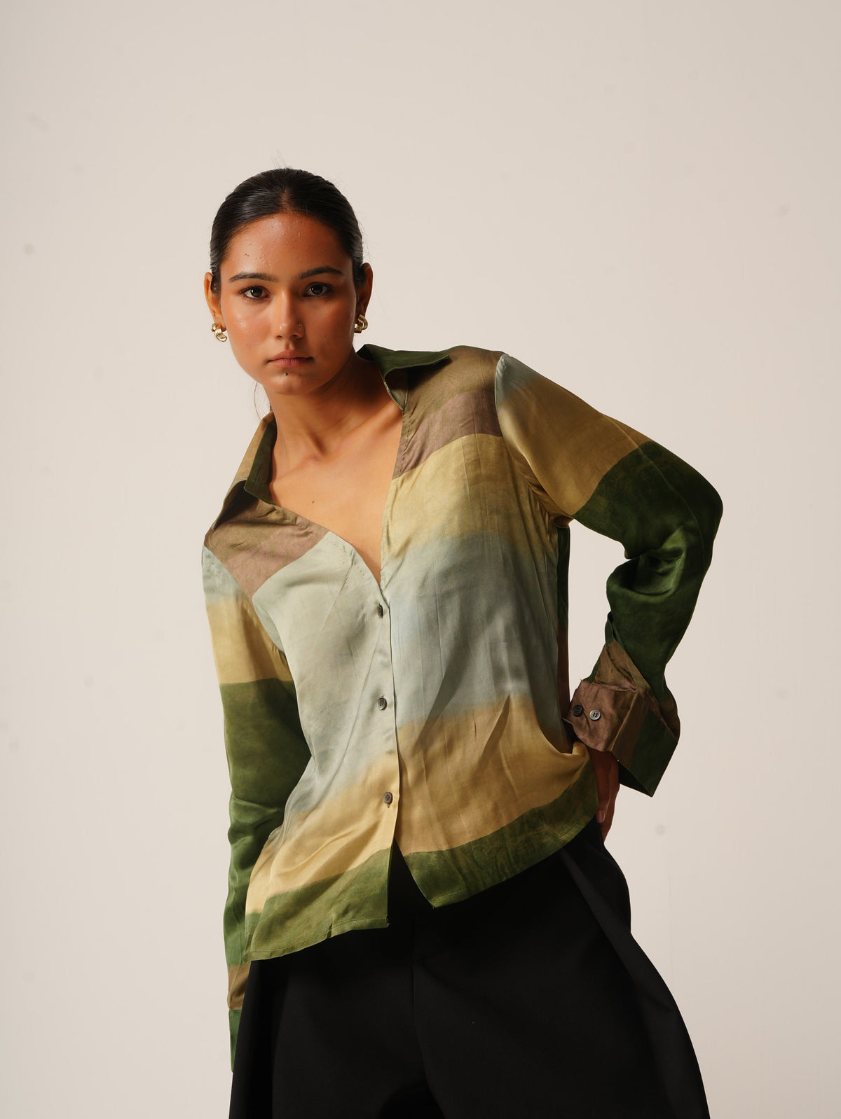 Syllable 09, abstract print satin shirt